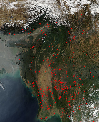 NASA MODIS Image of the Day: February 16, 2010 – Fires in Myanmar