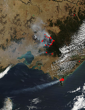 NASA MODIS Image of the Day: February 21, 2009 – Bushfires around Melbourne, Australia