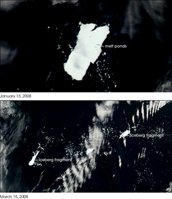 NASA MODIS Image of the Day: March 24, 2008 – Disintegration of Iceberg A53a