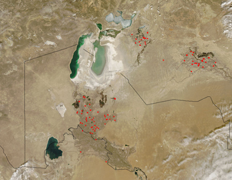 NASA MODIS Image of the Day: March 29, 2008 – Fires near the Aral Sea