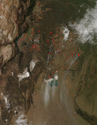 NASA MODIS Image of the Day: July 31, 2010 – Fires and Dust Storms in Argentina