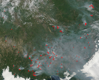 NASA MODIS Image of the Day: August 4, 2009 – Fires in Magadan Region near the Russian Kolyma Mountains