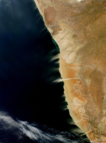 NASA MODIS Image of the Day: August 13, 2010 – Dust plumes and hydrogen sulphide eruptions off Namibia