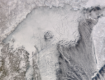 NASA MODIS Image of the Day: February 8, 2007 – Ice and Cloud Streets in the Sea of Okhotsk