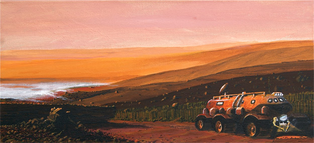 A future pressurized rover on Mars equipped with a robotic arm system for sample collection and examination