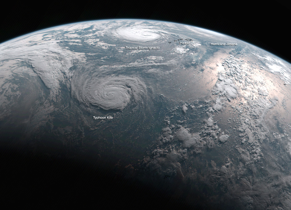 View From Orbit: Typhoon Kilo, Tropical Storm Ignacio, Hurricane Jimena